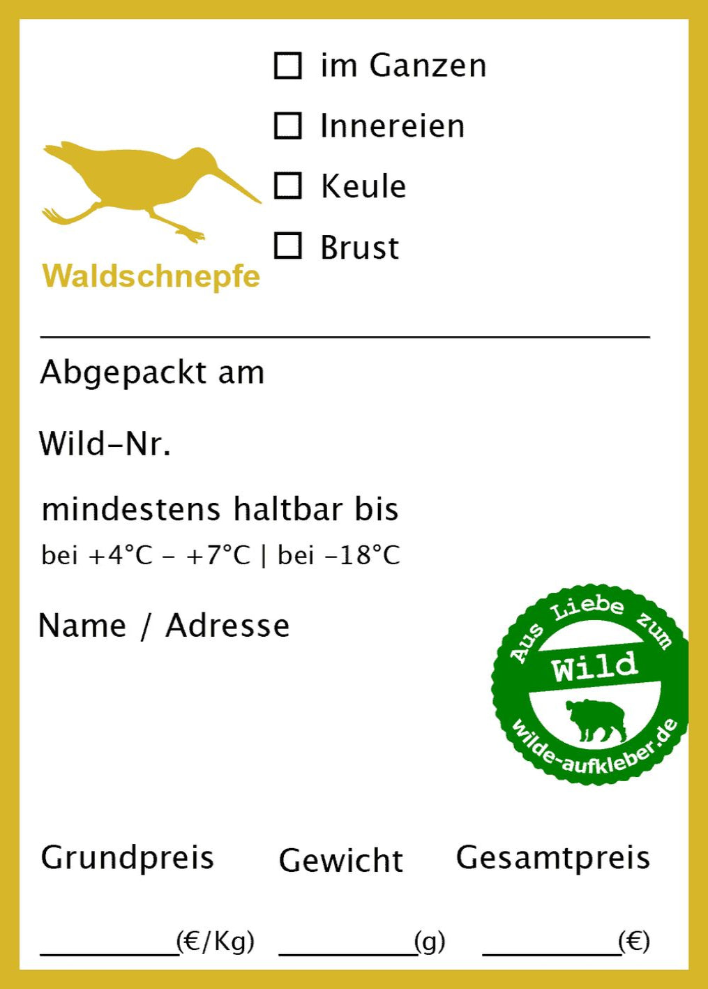 Classic Premium Waldschnepfe-Tiefkühl-Aufkleber