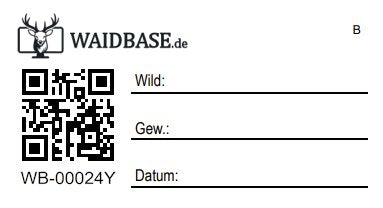 24-er Bögen Wildaufkleber mit QR-Code & Waidbase-ID – Felder für Wild, Gewicht, Datum